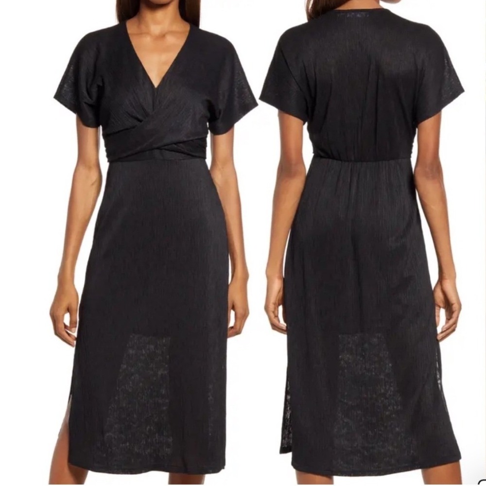 Floret Studios‎ Black Plisse Midi Dress Wrap V-Neck Short Sleeve Side Slit XS